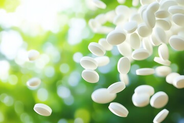 Fototapeta premium White pills dispersed against a backdrop of nature.