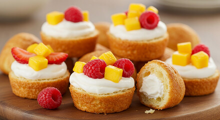 Delectable Mini Cakes Adorned with Fresh Fruits on Wooden Display, Sweet treat