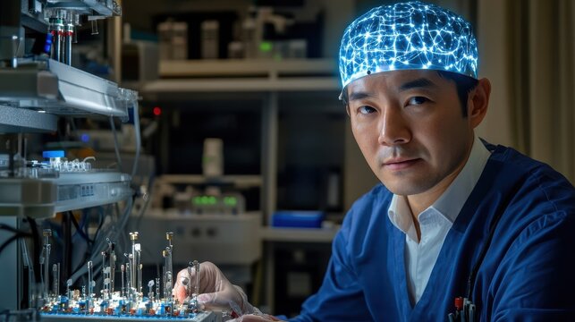 A researcher working on brain-computer interface technology in a lab setting.