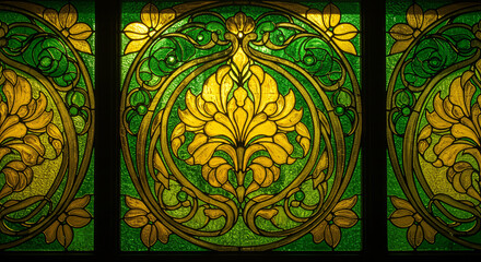 Ornate Vintage Stained Glass Panel Displaying Floral Golden Artwork And Green Background