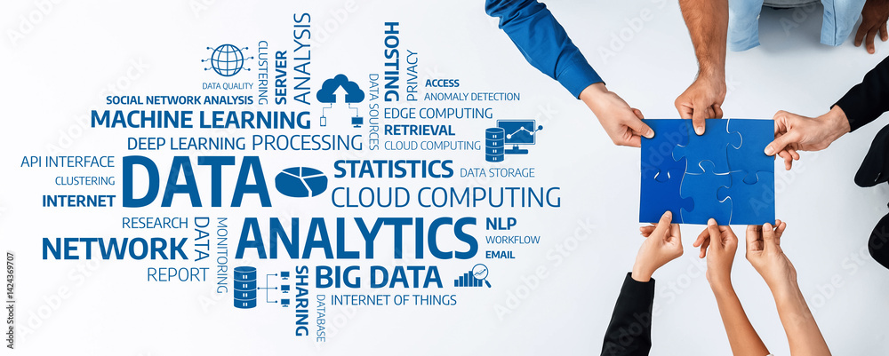 Leinwandbilder a vibrant illustration of teamwork in data analytics, featuring hands assembling a puzzle against a 