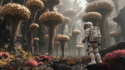 Astronaut exploring alien forest with giant trees and colorful vegetation. Extraterrestrial flora and space exploration on distant planet. Futuristic sci-fi landscape concept. 