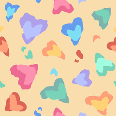 Colorful pastel palette cheerful leopard hearts seamless pattern, cute trendy soft and bright texture imitating cheetah's spots, but heart-shaped and in different colors. Funny romantic playful style.