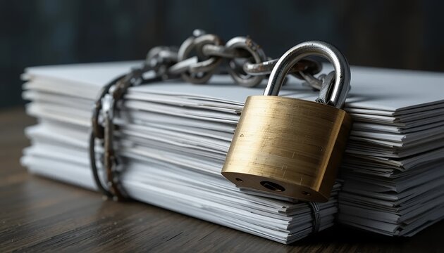 Padlock and Chain on Stack of Papers