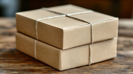 Stacked, wrapped cardboard boxes on a textured wooden surface