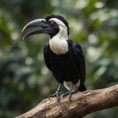 Fototapeta premium Oriental Pied Hornbill bird on piece of wood.