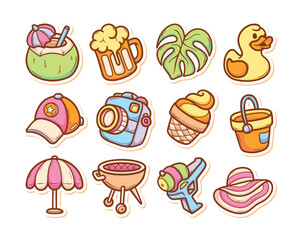 Pool Party Stickers Doodle Color Vector Collection