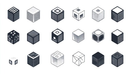 Isometric cube designs, various textures, white background, graphic design concept