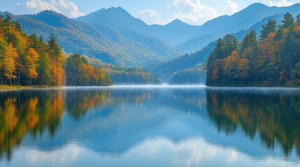 Obraz premium Autumn lake, mountain reflection, misty sunrise, serene nature, travel poster