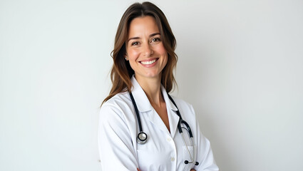 Fototapeta premium Smiling Female Doctor in Medical Uniform Isolated on White Background – Professional Healthcare Portrait