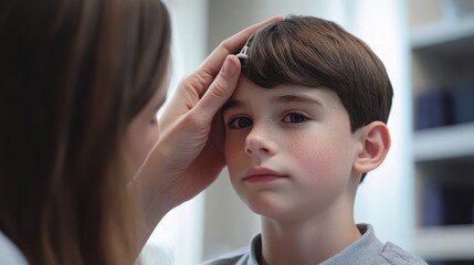 Fototapeta premium A doctor checking a child's forehead for fever.