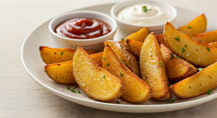 Delicious Potato Wedges Served with Creamy Dip and Tomato Sauce