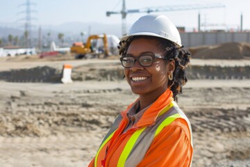 A happy, smiling and cheerful young black woman or senior construction industry worker standing at a building site