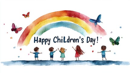 childrens day postcard, elegant calligraphy on hand-painted watercolor postcard depicts kids playing in park with a rainbow, fluttering butterflies, and happy childrens day