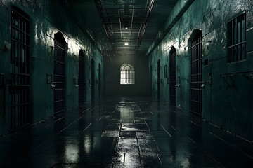 Fototapeta premium A long, dark prison corridor stretches into the gloom.