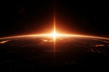 A bright horizon with the curvature of Earth visible, shining light, a glowing atmosphere