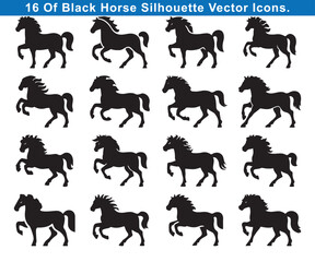 bundle pack of 16 horse silhouette vector Set of Black Running Horse icons Silhouettes on White Background