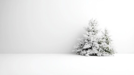Fototapeta premium Minimalist white studio room background with two snow-covered fir trees on the right side and copy space.