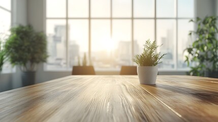 Fototapeta premium Cozy Interior with Wooden Table and Potted Plant in Sunlight