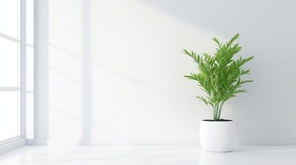 A green potted plant sitting on a white surface in a minimalist bright room, natural light streaming through large windows, and serene indoor decor concept.