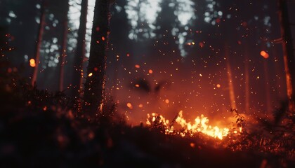 Obraz premium Forest ablaze. Ember glow illuminates smoky woods, creating a fiery, haunting scene