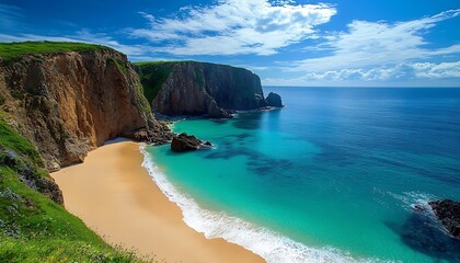 Fototapeta premium Scenic Coastline Cliffs, White Sand Beach, Azure Water, Cloudy Blue Sky