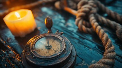 Vintage compass candle rope still life