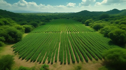 Fototapeta premium Lush green agricultural field with neatly organized rows and scenic landscape