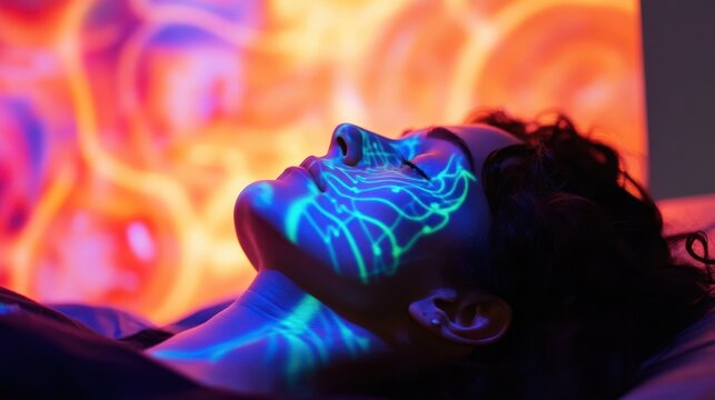 A person resting with glowing, projected circuit patterns on their face in vibrant neon colors.