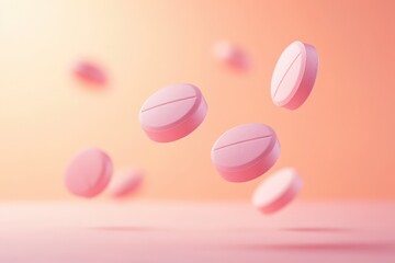 Fototapeta premium Floating pink pills against a soft peach backdrop.