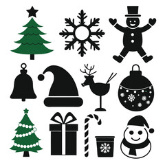 Fototapeta premium Christmas Icons Set Simple Black and Green Silhouettes