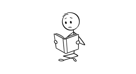 Stick Figure Reading a Book with Sad Expression in Black and White