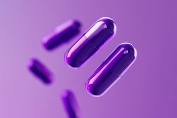 Purple medicine capsules in mid-air against a vibrant purple background.