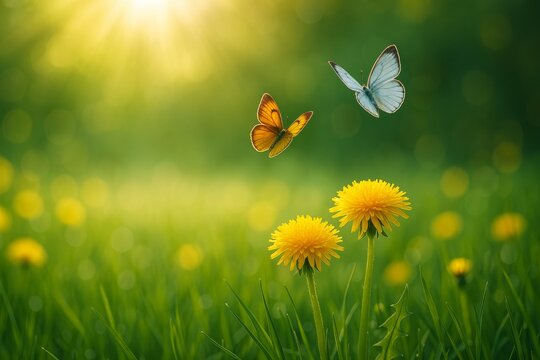 Fototapeta Beautiful Butterflies Flying Among Dandelions During a Sunny Afternoon in Springtime