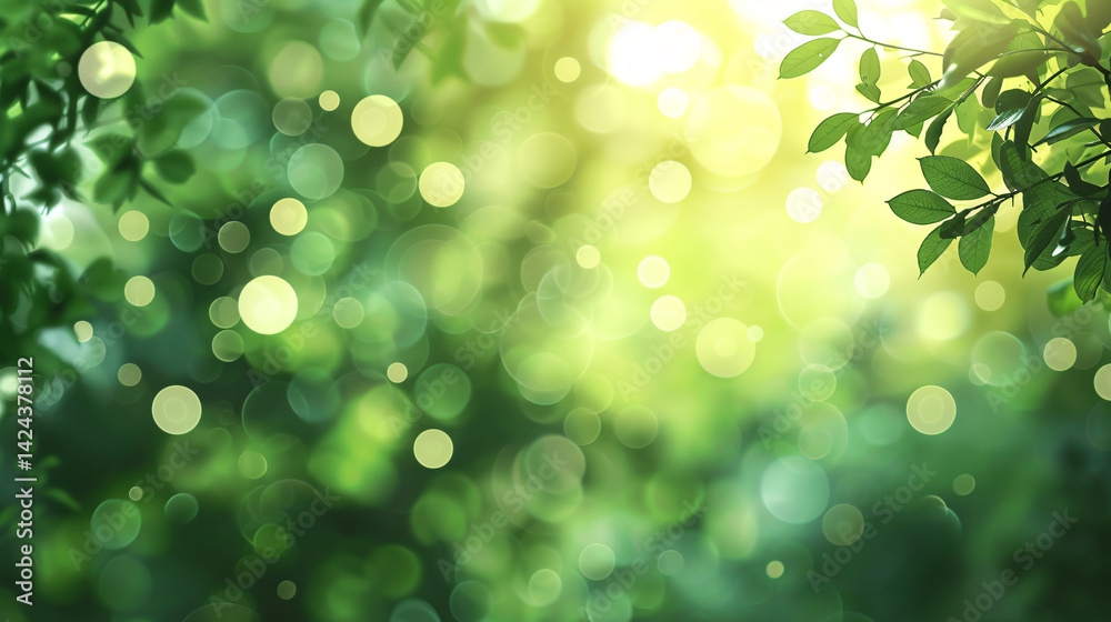 Aufkleber Sunlight shining through fresh green leaves creating a natural abstract bokeh background
