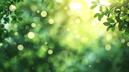 Obraz premium Sunlight shining through fresh green leaves creating a natural abstract bokeh background