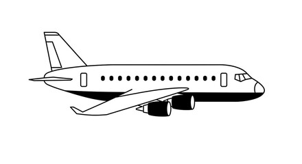 Airplane Illustration in Black and White Outline Style