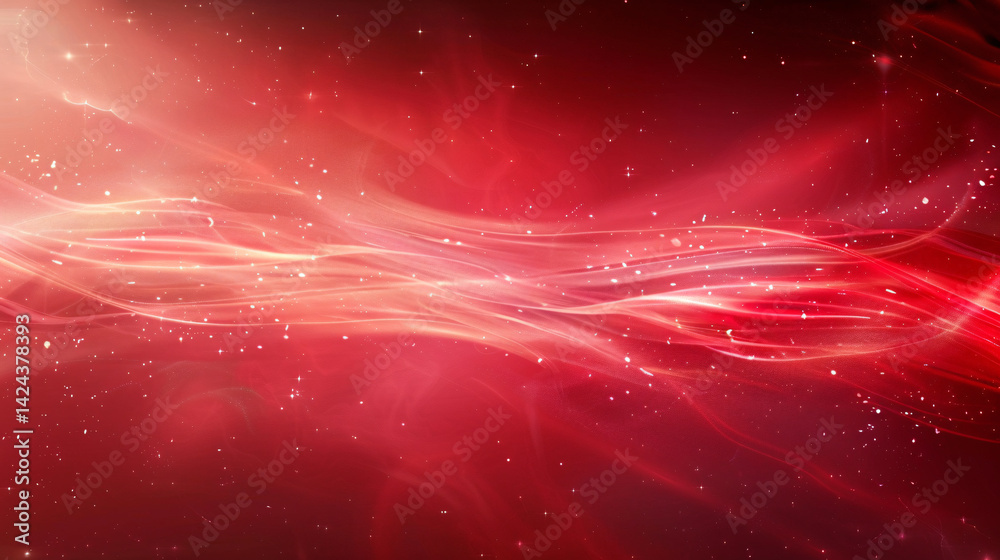 Poster Vibrant red backdrop with flowing wavy lines and twinkling stars in abstract space