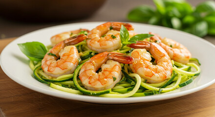 Delicious shrimp served with zucchini noodles and fresh basil leaves