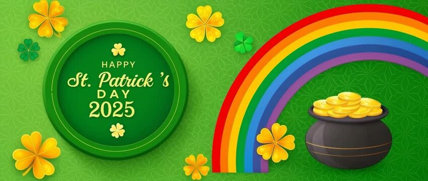 Celebrate St. Patricks Day 2025 with Vibrant Rainbow, Pot of Gold, and Shamrocks on Green Background