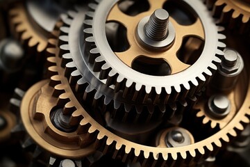 gear wheels with interlocking metal cogs in a close-up view showcasing intricate mechanical details
