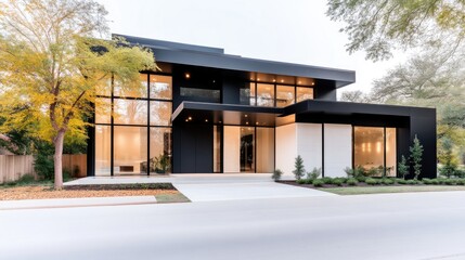 Fototapeta premium Modern home exterior with black and white facade. Large windows and a covered entryway