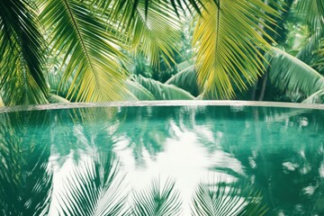 Tropical pool oasis. Lush palm leaves frame a tranquil pool