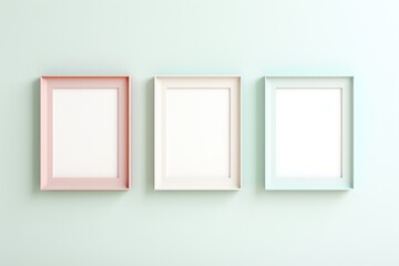 Set of three stylish wall picture frames in different sizes, arranged in a creative gallery style on a pastel-painted wall