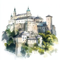 Obraz premium Hohensalzburg Fortress. Hohensalzburg Fortress hand drawn watercolor illustration