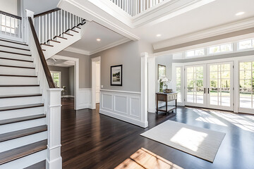 Photo of a large home entryway with a white staircase, dark wood floors, and light gray walls, in a wide shot.

