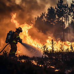 Fototapeta premium Natural disaster ,firefighters spray water to wildfire.