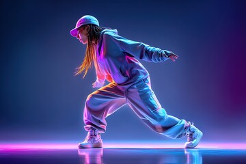 Stylish girl dancing in a vibrant setting during a night performance