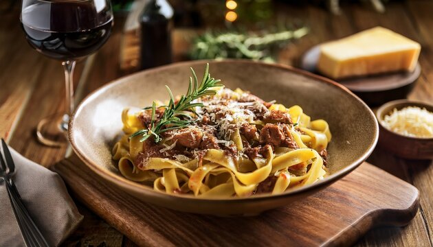Pappardelle al Cinghiale pasta served in a deep rustic bowl