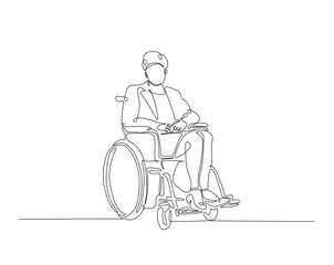 Person with physical disability sitting in wheel chair outline illustration. Continuous line drawing of man sitting in wheel chair.